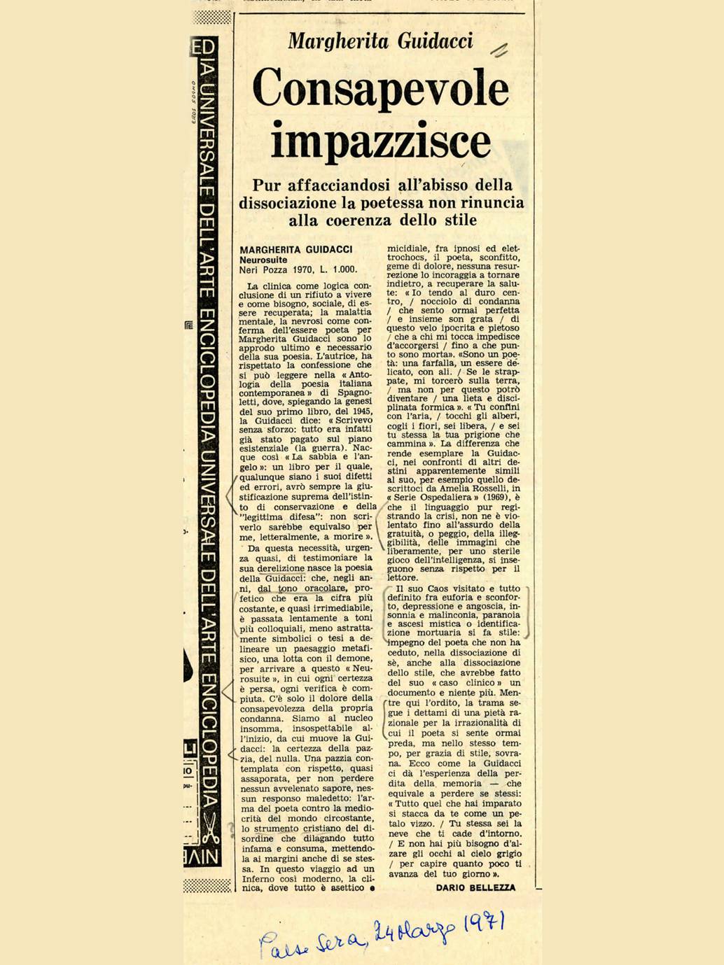 Critica Dario Bellezza Neurosuite Paese Sera 1971